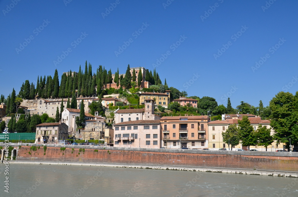 View over the hill of Castle San Pietro in the old town of Verona, Italy.
