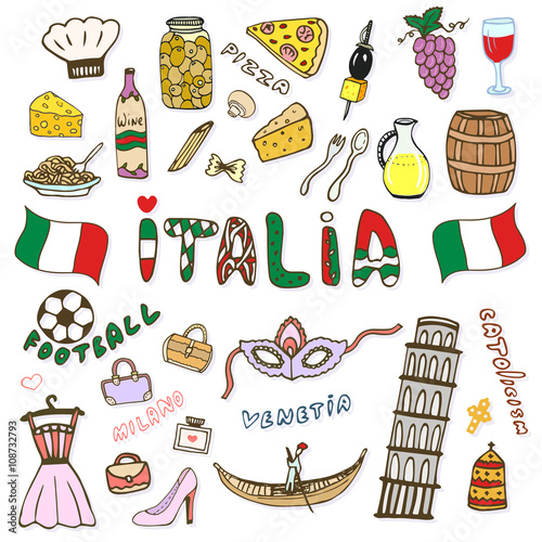 Doodle hand sketch collection of Italy icons. Italy culture elements for design. Vector color sketches travel set. Handwriting Italia lettering in italian language - Italy