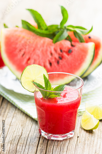 Watermelon juice with lime and mint in the glass 