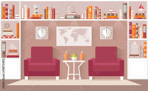 Interior design living room in the flat style. Vector illustration. Interior Concept. The living room, an office or a library with furniture, bookcases.