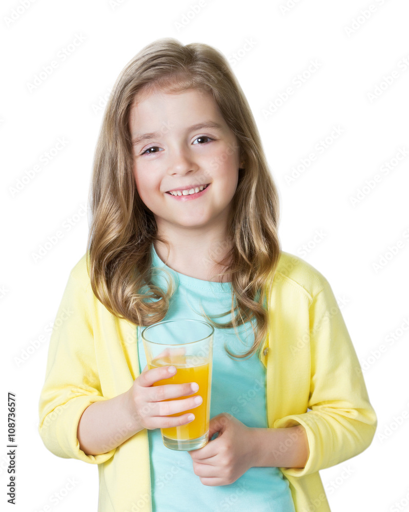 Child girl holding glass orange juice isolated on white. Child girl holding glass orange juice isolated on white.
