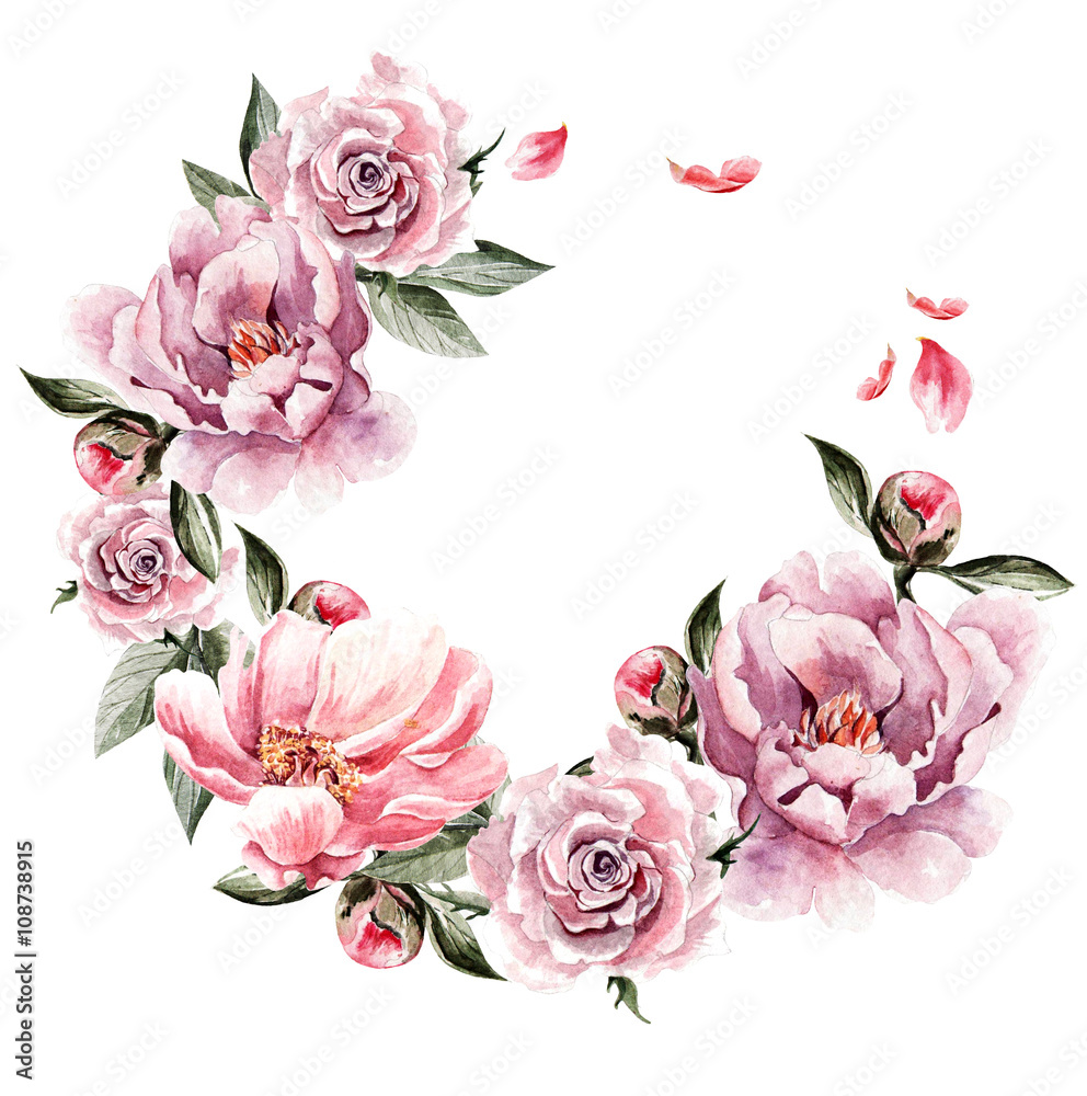 Beautiful watercolor card with Peony flower and roses. 