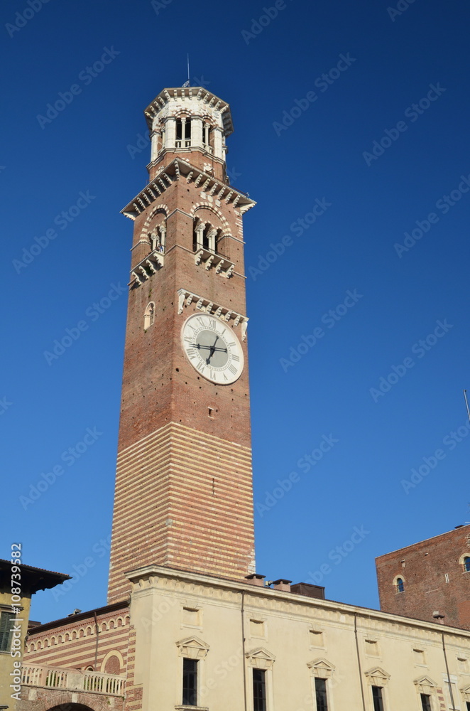 Tower of Lamberti, a beautiful medieval and renaissance tower with ancient clock in the center of Verona (15th century)
