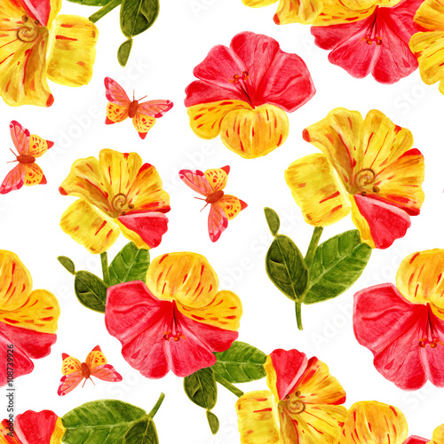 Seamless watercolor background pattern with hibiscus flowers and butterflies
