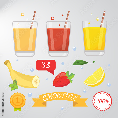 Set of cartoon smoothie or juice, vector illustration
