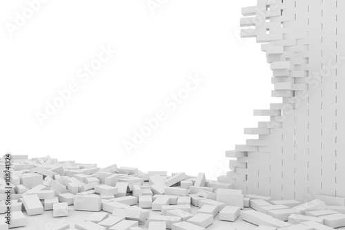 Destruction of a white brick wall on white background