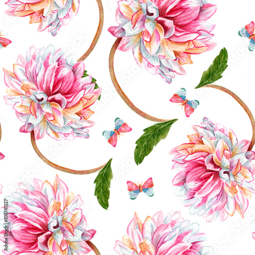 Seamless watercolor background pattern with dahlia flowers and backround