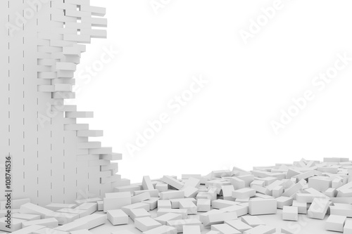 Destruction of a white brick wall on white background