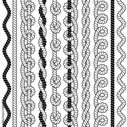 Set of black and white vector seamless borders with ropes