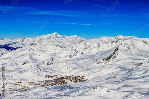 View of french alpine village Val-Thorens from above photo