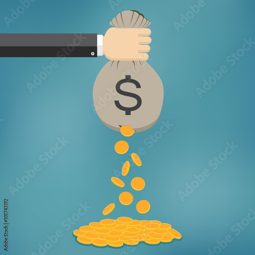 Golden coins fall out from money bag.