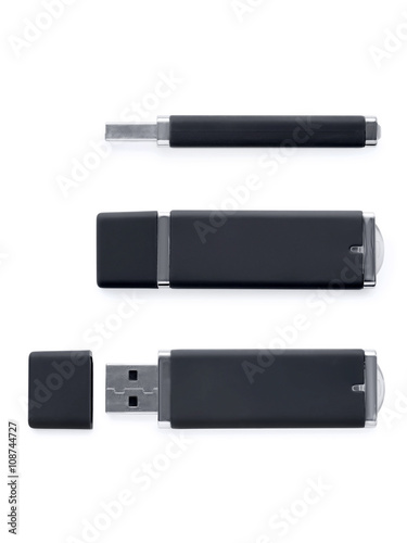 USB flash drive in three different positions isolated on white with clipping path