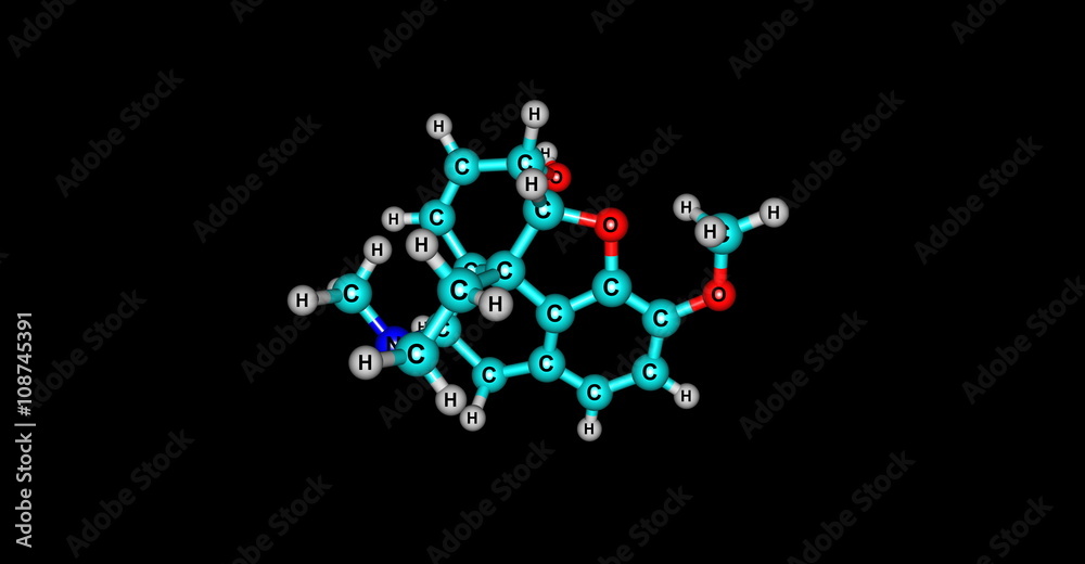 3D illustration of Codeine molecular structure isolated on black