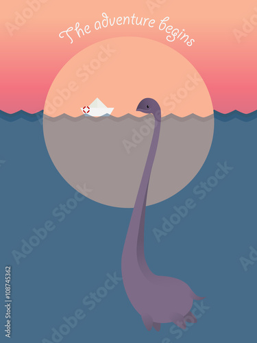 Nessie in the Loch Ness lake, ship. Adventure begins. Motivation. 
