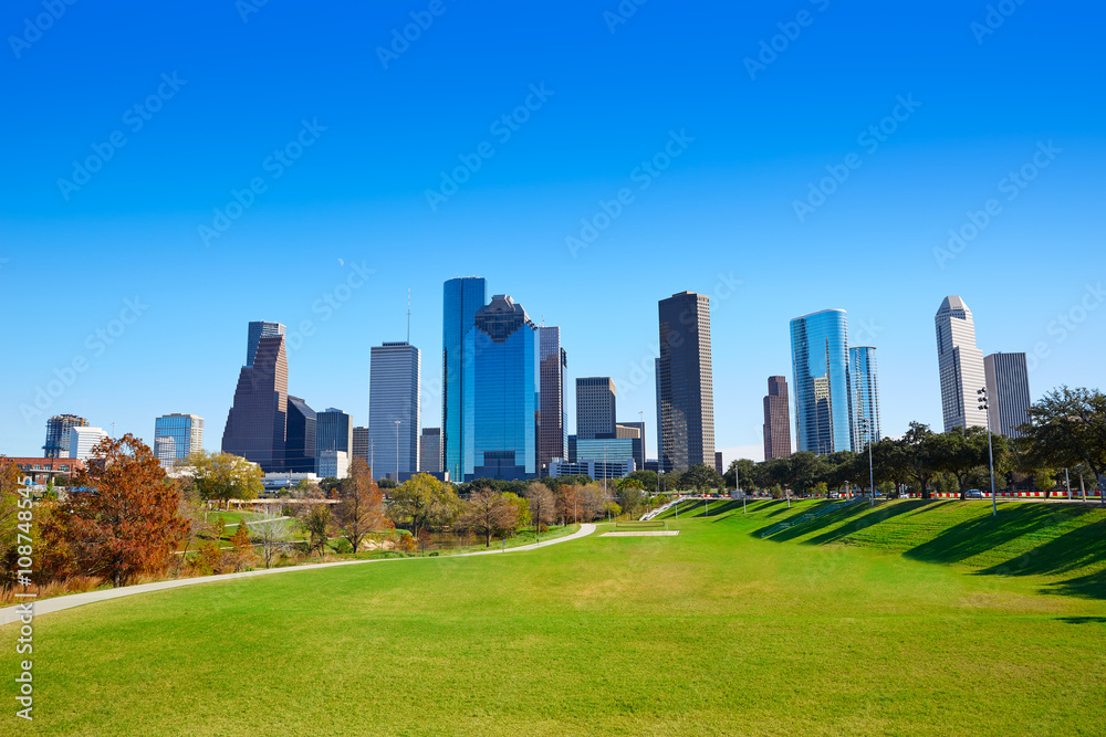 Houston skyline in sunny day from park grass Houston skyline in sunny day from park grass