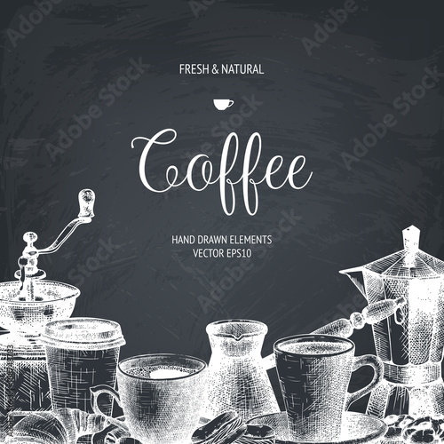 Vector design for cafe or shop with ink hand drawn coffee illustrations isolated on chalkboard. Vintage coffee template.