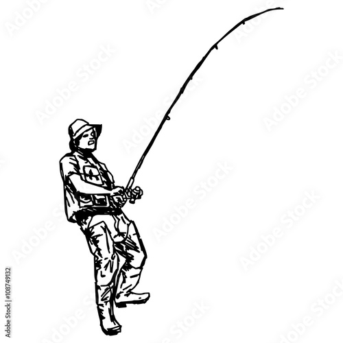 illustration vector hand draw doodles of fisherman holding fishhook isolated on white background