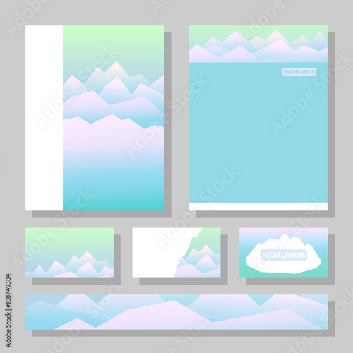 Peaceful mountains in winter. Highlands landscape, vector background for booklet, flyer, outdoor advertising, brochure, banner, book cover. Colorful mountain landscape for cover of book or magazine