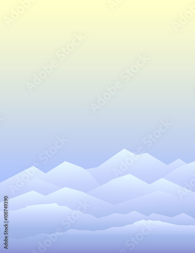 Peaceful mountains in winter. Highlands landscape, vector background for booklet, flyer, outdoor advertising, brochure, banner, book cover. Colorful mountain landscape for cover of book or magazine