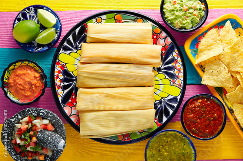 Tamale with corn leaf and sauces guacamole photo