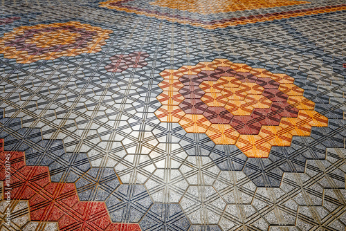 Colored interlock paving set out in geometric patterns