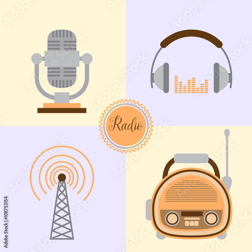 Radio flat icon set. Retro radio, antenna radio tower, headphones, microphone vector illustration