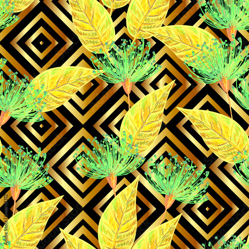 Seamless tropical gold luxury pattern with leaves and exotic flowers vector background. Perfect for wallpapers, pattern fills, web page backgrounds, surface textures, textile