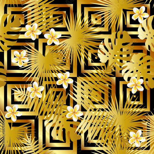 Seamless retro gold luxury pattern with palm leaves and tropical exotic plumeria rubra frangipani flower vector background for wallpaper, pattern fill, web page background, surface texture, textile