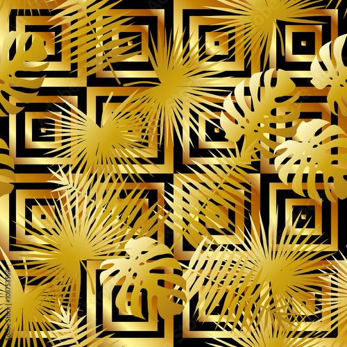 Seamless modern gold luxury pattern with tropical exotic palm and monstera leaves vector background. Perfect for retro wallpapers, pattern fills, web page background, surface textures, vintage textile