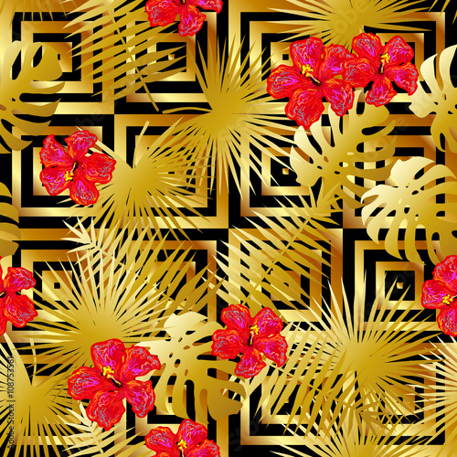 Seamless tropical gold luxury pattern with palm leaves and exotic hibiscus flowers vector background. Perfect for wallpapers, pattern fills, web page backgrounds, surface textures, textile