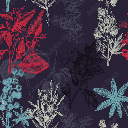 Vector seamless pattern with colorful hand drawn poisonous plants. Vintage noxious plants sketch background. Botanical pattern with poisonous flowers. photo