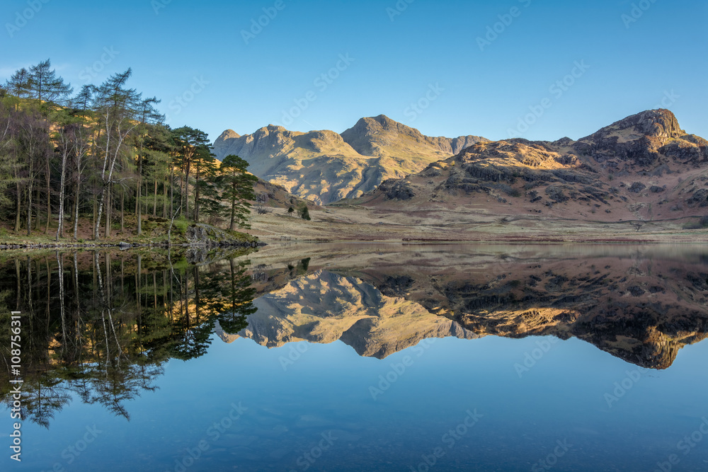 Perfect clear reflections in lake of the Langdale Pikes at Blea Tarn in the English Lake District with clear blue sky on a sunny morning. Perfect clear reflections in lake of the Langdale Pikes at Blea Tarn in the English Lake District with clear blue sky on a sunny morning.