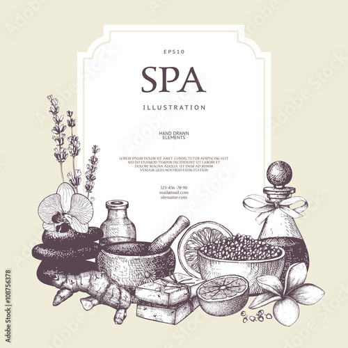 Vector design with hand drawn Spa illustration isolated on white. Beauty sketch background with natural cosmetics. Vintage template with exotic and herbal elements.