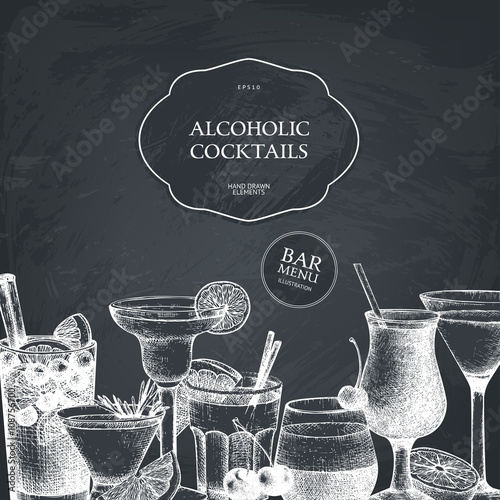 Vector design with hand drawn alcoholic cocktails illustration. Vintage beverages sketch background. Retro drinks template for menu design isolated on chalkboard