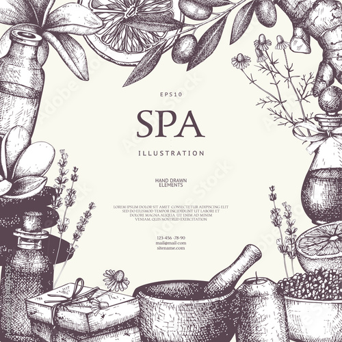 Vector design with hand drawn Spa illustration isolated on white. Beauty sketch background with natural cosmetics. Vintage template with exotic and herbal elements.