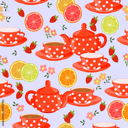 Seamless pattern with teapots, cups, flowers, leaves, citrus and strawberries.