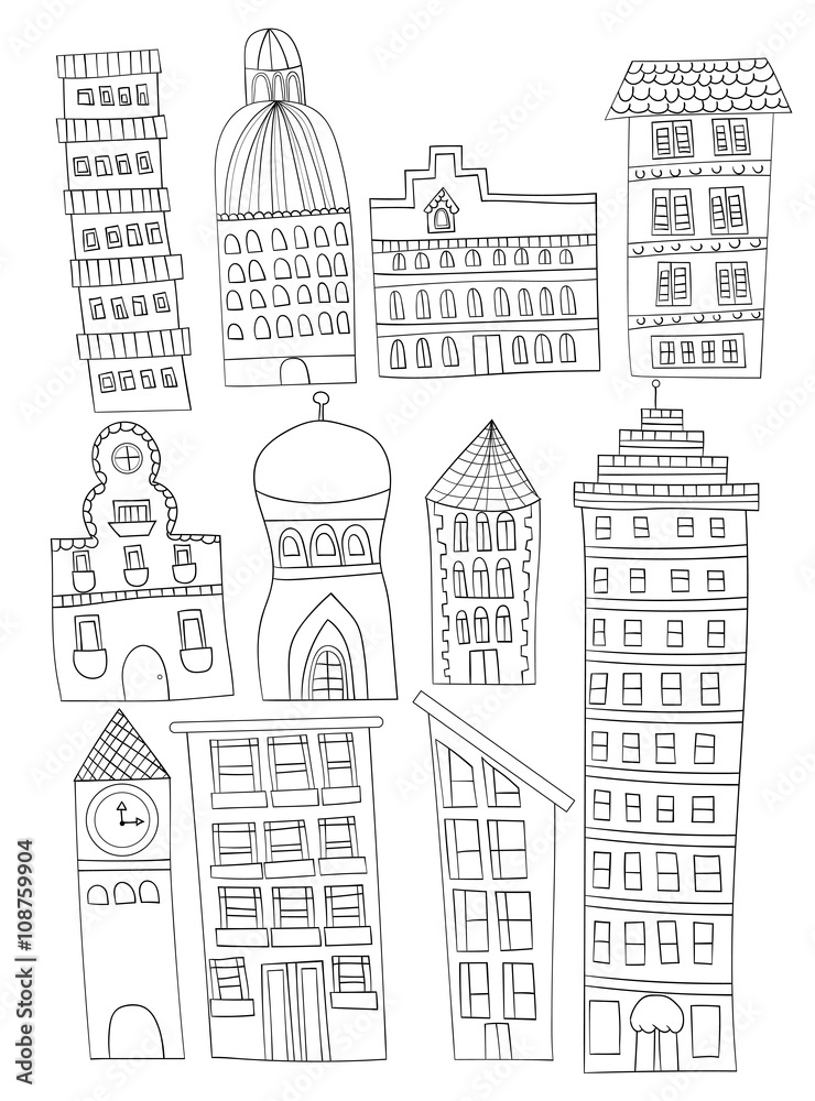 Set of Doodle City Buildings Illustrations Line Art No Fill
