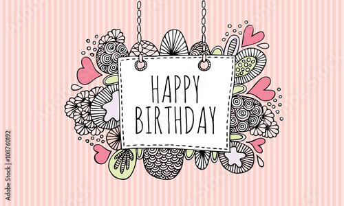 Happy birthday Doodle Vector Lineart with Pink Stripe Background