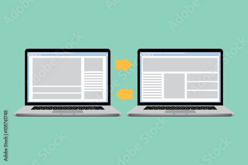 two laptop move online data vector graphic illustration