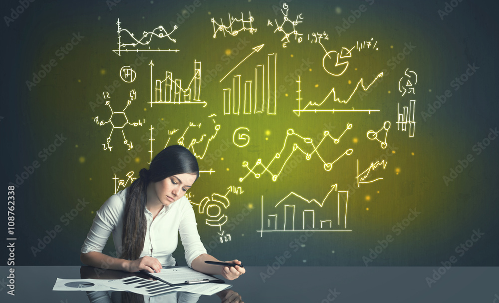 businesswoman with business diagrams businesswoman with business diagrams