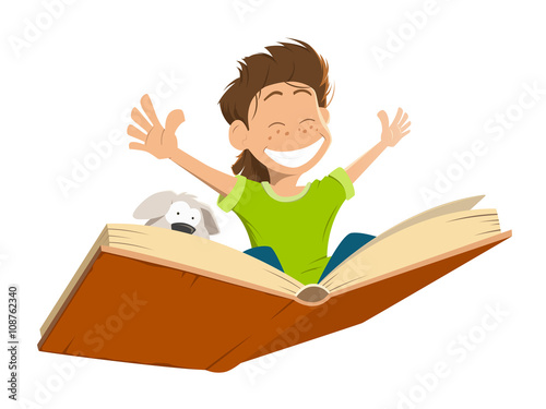 Happy smile kid boy child flying big book cute puppy