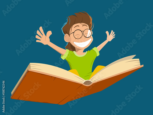 Happy smile kid boy child flying big book glasses