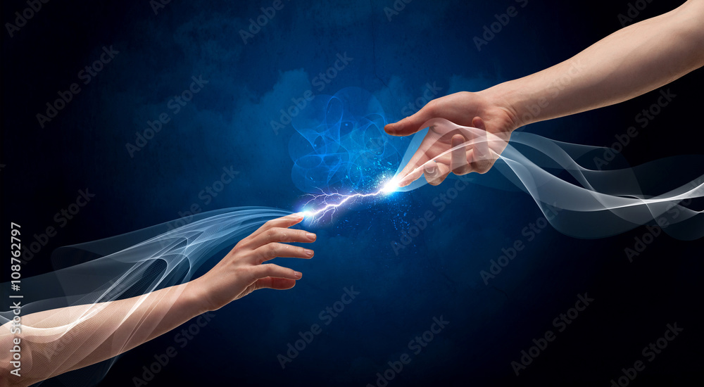 Plakat Hands connecting through fingers in space