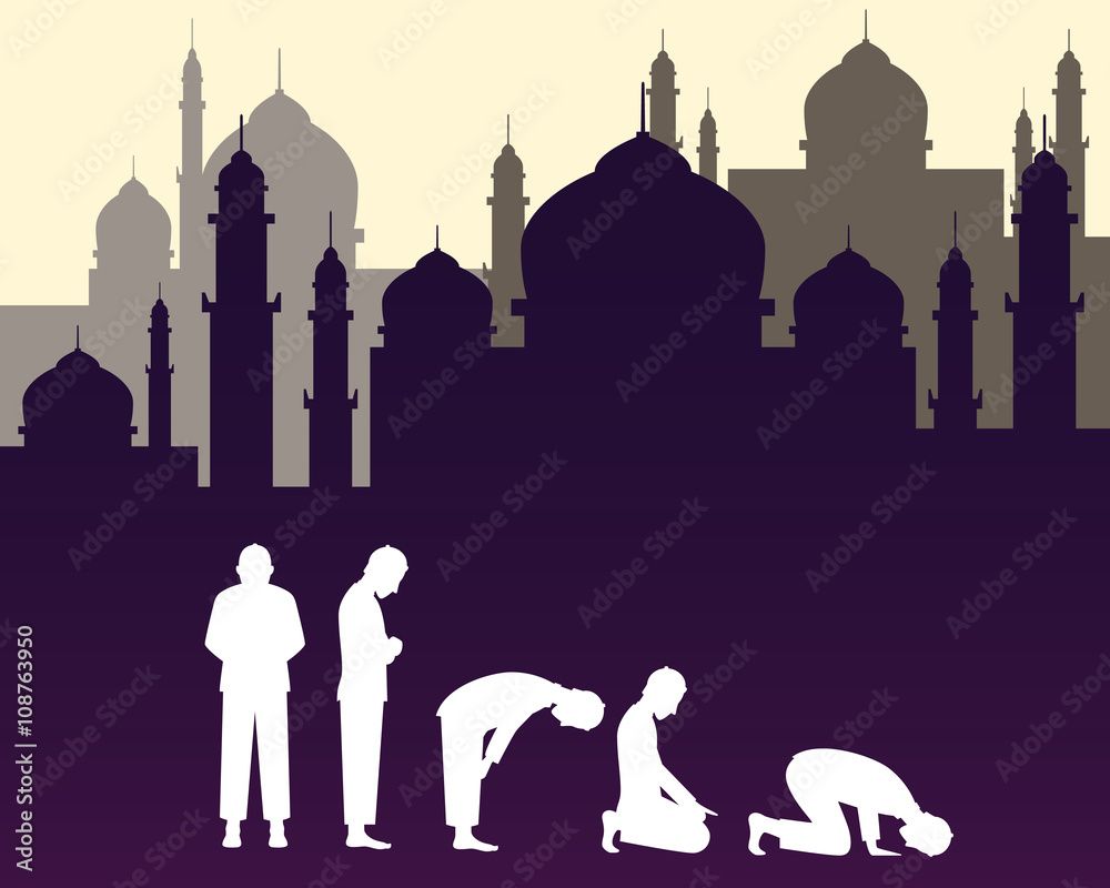 moslem muslim pray position with mosque background