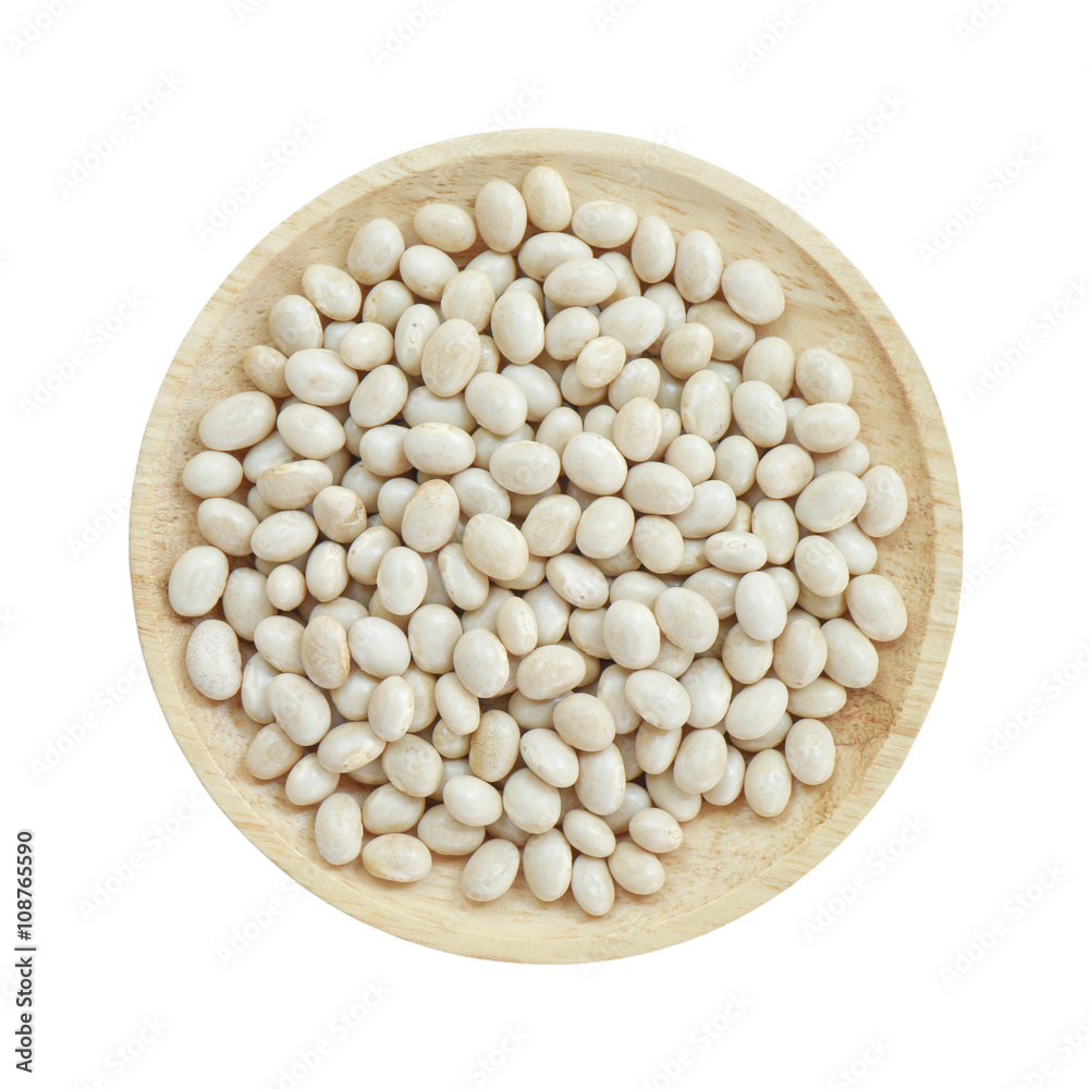 White bean in wooden bowl isolated on white background White bean in wooden bowl isolated on white background
