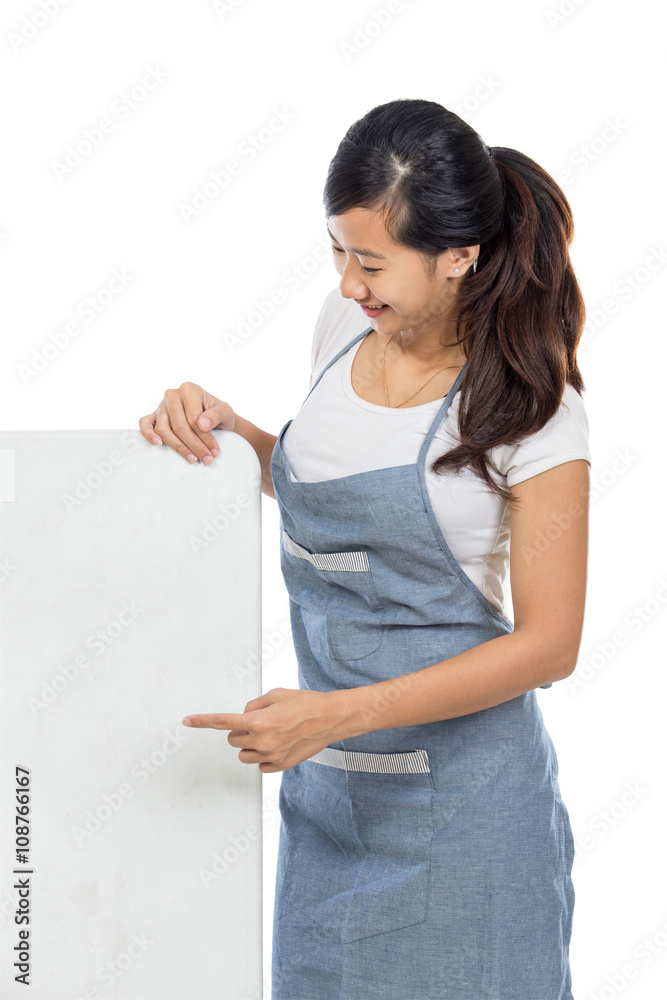 beautiful Asian cafe owner holding blank white board beautiful Asian cafe owner holding blank white board