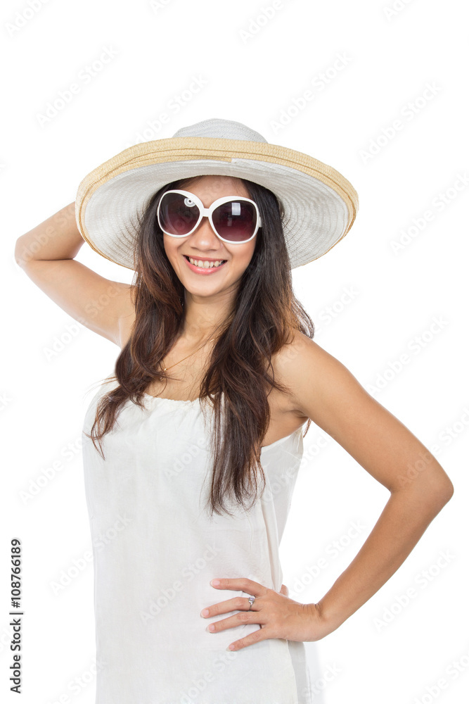 young attractive woman in white dress wearing summer hat and sun young attractive woman in white dress wearing summer hat and sun