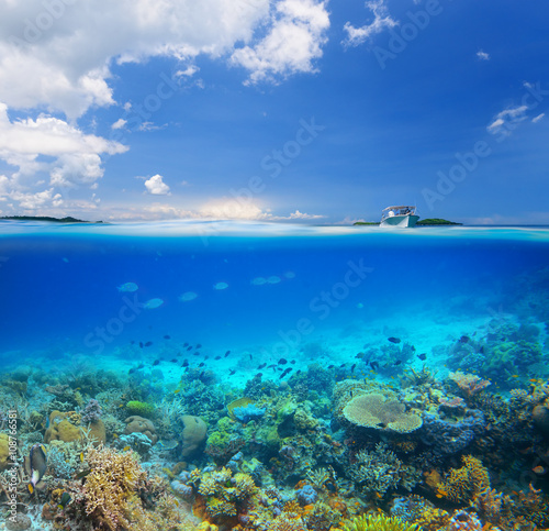 Coral reef on background blue sky and islands.