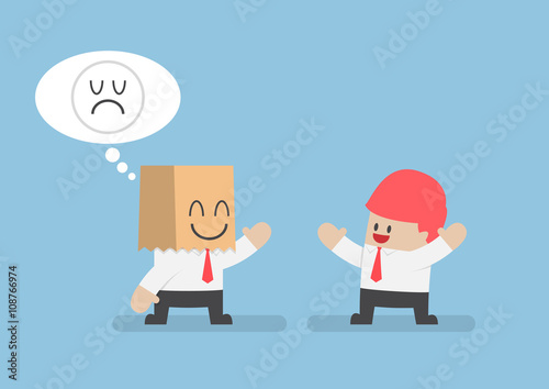 Businessman hide his sad emotions behind a smiling paper bag