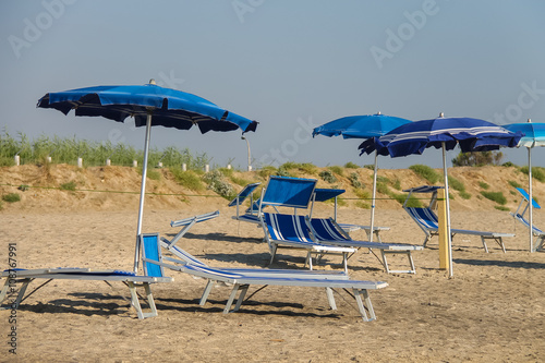 Empty deck chairs under umbrellas on the beach